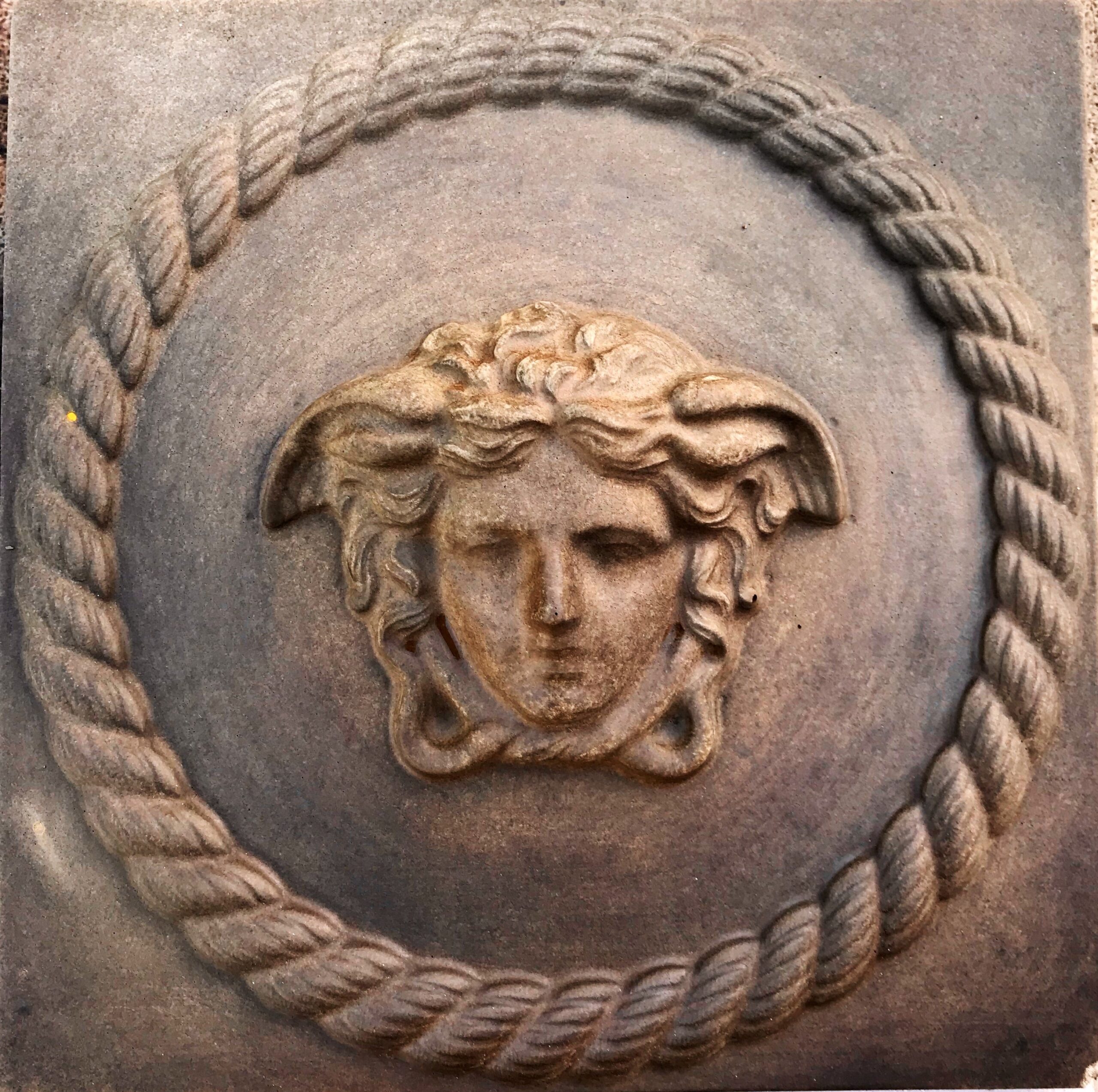 image 224c2e83 3d7a 4828 be05 114c38f08c21.jpg Finished weathered concrete Medusa wall relief with a rope-style border