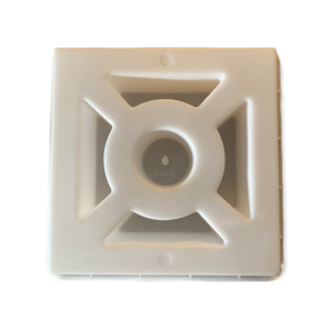 Zero breeze block mold by Pacific Mold Design showing cast beige concrete block with minimal geometric hub and vane pattern for clean modern mid-century decorative privacy walls