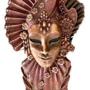 Finished bronze-toned concrete masquerade mask wall relief