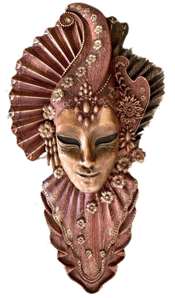 image 456dd996 c5bd 4f62 9773 66fc739af061.jpg Finished bronze-toned concrete masquerade mask wall relief