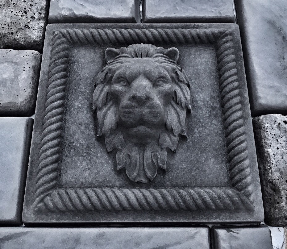 image bc5c6227 1b3c 4c54 886c 3cf158113dc4.jpg Square cast concrete lion head wall relief installed among stone pavers
